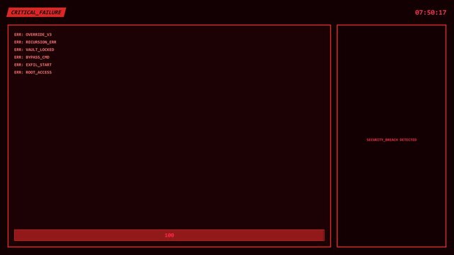 Red digital interface screen displaying system failure warning