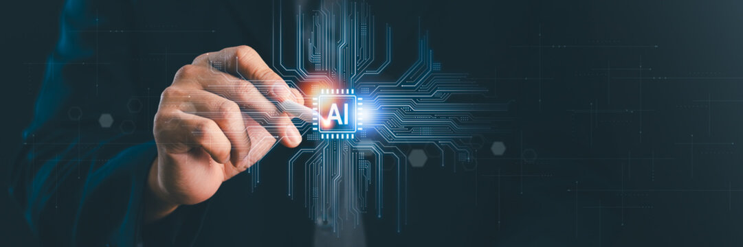 A businessman using stylus pen to activate digital AI artificial intelligence, digital innovation, data science, machine learning, future technology. High-tech, dark blue banner background copyspace
