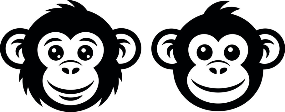 Cute monkey face vector icons featuring friendly ape head cartoon mascot illustration for logo design
