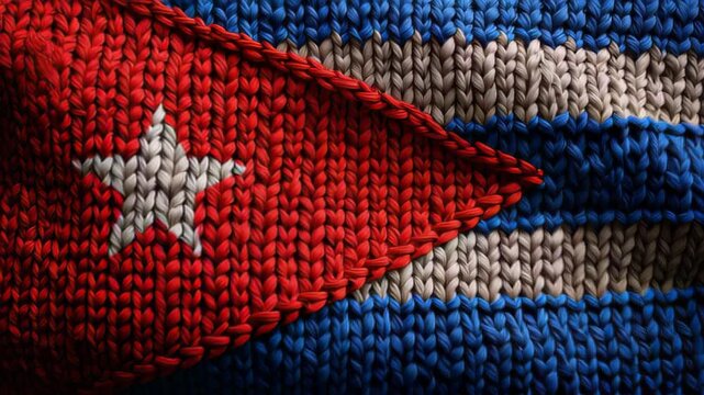 Handcrafted Cuban flag design displayed on knitted fabric in a vibrant setting during a cultural showcase event