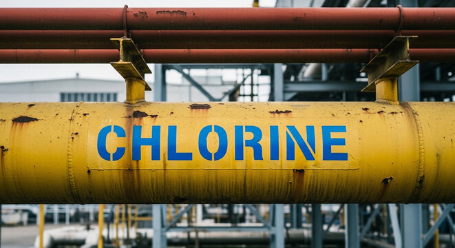 Industrial Chlorine Gas Pipeline with Warning Label in Outdoor Facility