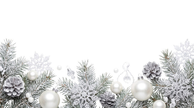 Festive winter holiday border featuring sparkling silver ornaments white baubles frosted pinecones and snowy evergreen branches isolated on transparent background
