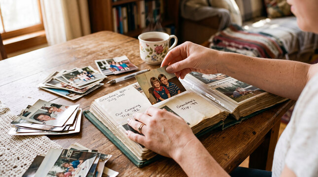Person organizing vintage family photographs inside a memory scrapbook album on a rustic wooden dining table.