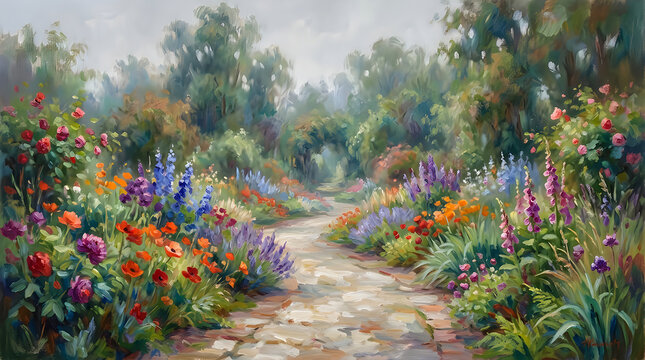 Lush garden path winds through vibrant wildflowers and trees in soft light