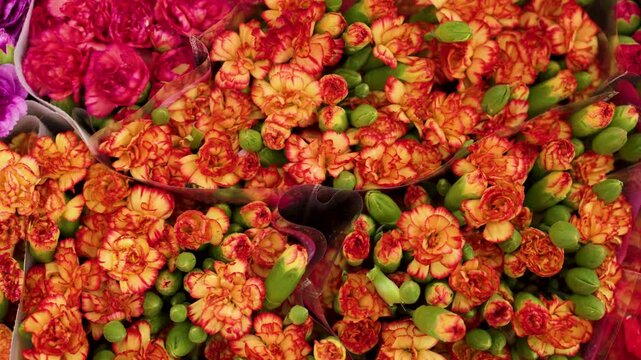 Top Down View of Colorful Carnation Bouquets at Flower Market