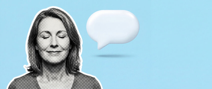 Halftone collage art portrait of a peaceful woman with closed eyes and a blank 3D speech bubble on a blue background
