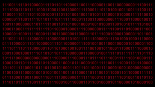 Binary Code on Black Digital Background. Rows of ones and zeros in a binary pattern create a digital data backdrop, symbolizing coding and information processing.4k motion graphics video