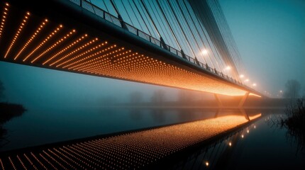 Fototapeta premium Modern suspension bridge with glowing orange LED lights over calm river at night. Futuristic steel structure shines in thick fog. Beautiful urban architecture reflects in dark water during misty