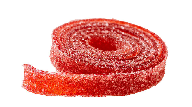 Rolled red strawberry flavored gummy candy strip coated with granulated sugar
