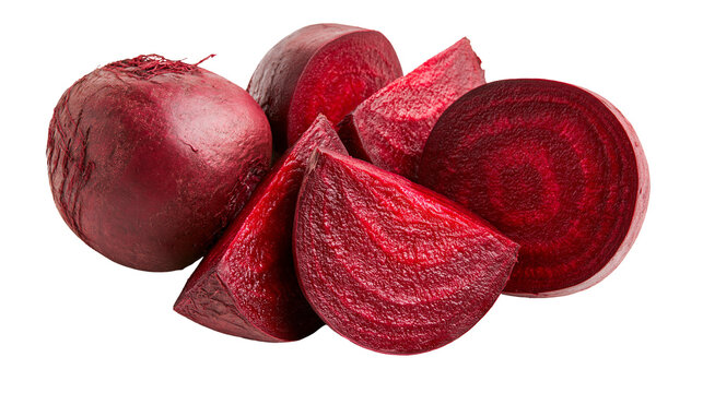 Fresh whole and sliced red beetroot vegetable pieces