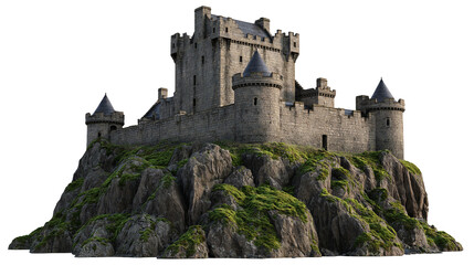Medieval stone castle with towers perched on a mossy rocky cliff © Aisling
