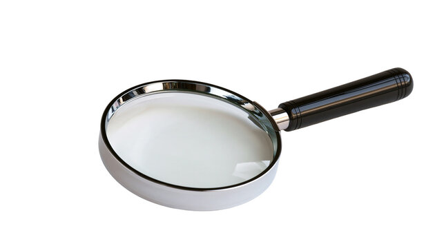 Handheld magnifying glass with black plastic handle and silver metal frame
