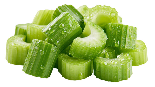 Fresh chopped green celery stalks with water droplets