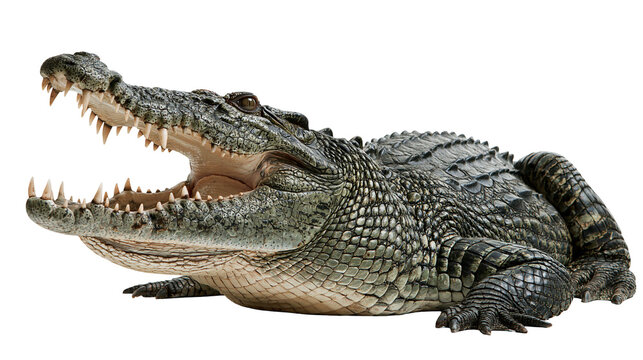 Large Nile crocodile with open jaws showing sharp teeth and textured scaly skin