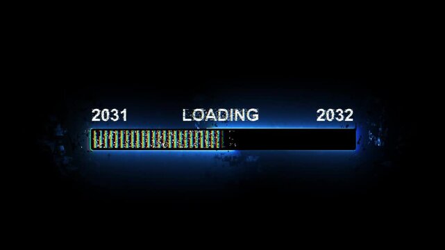 Neon blue 2031 to 2032 new year loading bar progress indicator with digital glitch effect and year transition animation.4k motion video graphics
