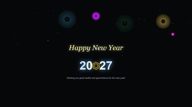 Happy New Year 2027 Clock Greeting with Colorful Circular Lights