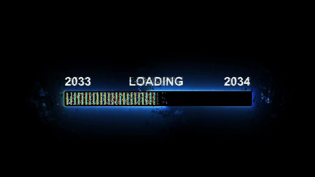 Neon blue digital 2033 to 2034 new year loading bar with glitch effect and progress indicator for futuristic technology interfaces.4k motion video graphics