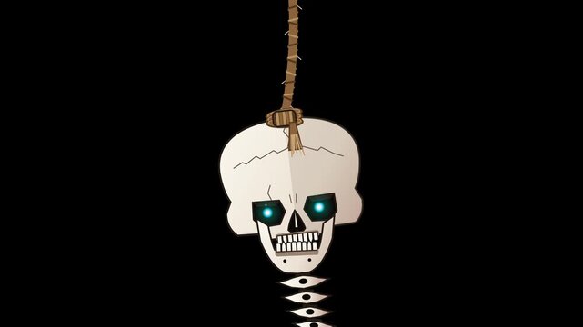 Flat Halloween dangling human skull swaying against a transparent background with weathered bone textures