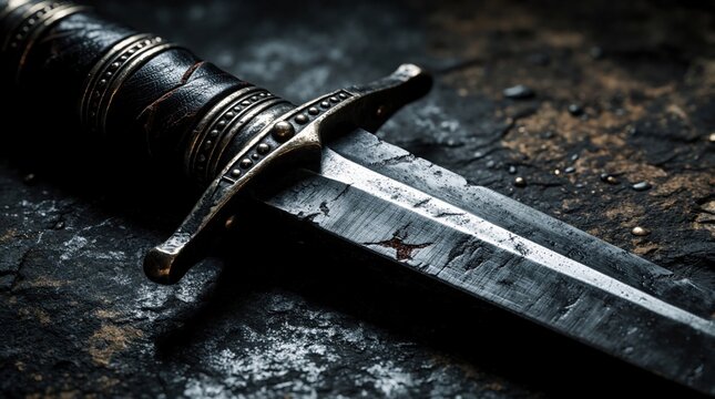 Close up of old medieval dagger on dark stone surface. Sharp steel blade with metal handle, ornate guard. Ancient weapon lies on rough rocky ground. Fantasy combat tool historical artifact for RPG