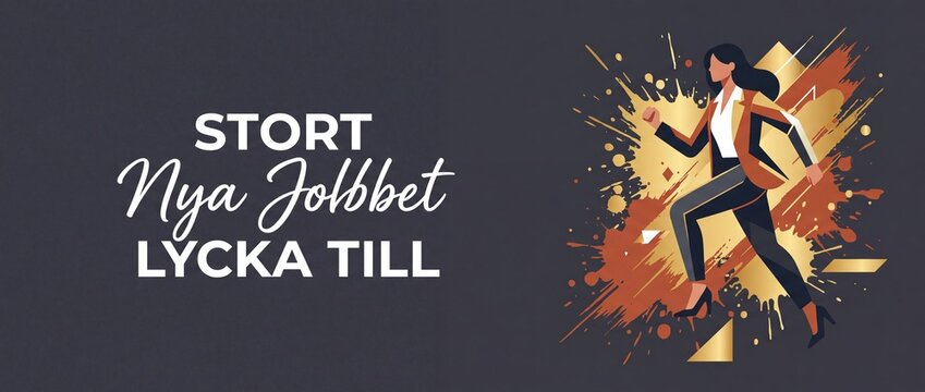 Business woman running towards career success in a dynamic corporate illustration featuring gold paint splashes. Includes Swedish text Stort Nya Jobbet Lycka Till celebrating a new job opportunity.