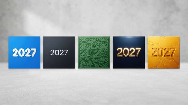 Five colorful 2027 new year backgrounds with a metallic effect and blurred lights