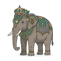 Obraz premium Majestic decorated elephant with ornate crown and traditional ethnic patterns