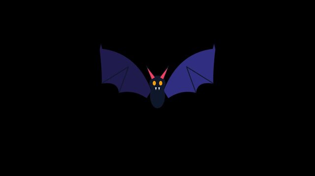 Flat graphic animation of a vampire bat flapping its wings rapidly with scalloped membranes and pointed thumb claws on a transparent background