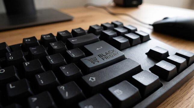 Black Friday shopping concept with a custom enter key on a mechanical keyboard on a wooden desk with a computer mouse, representing cyber week sales and commercial discounts