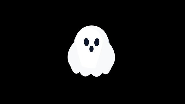 A cute cartoon bedsheet ghost floating and bobbing up and down with swaying ruffled bottom hem against an alpha channel transparent background