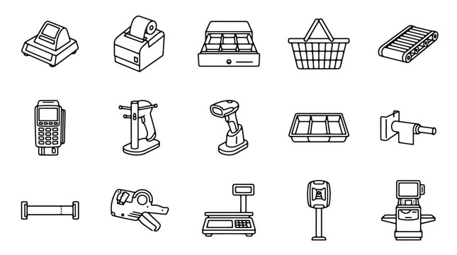 Isometric vector line icons set of supermarket and retail checkout equipment, store cash registers