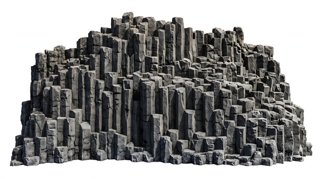geological formation of hexagonal basalt columns isolated on white background showing natural volcanic rock joints cliff outcrop structure and ancient stone texture for scientific landscape design