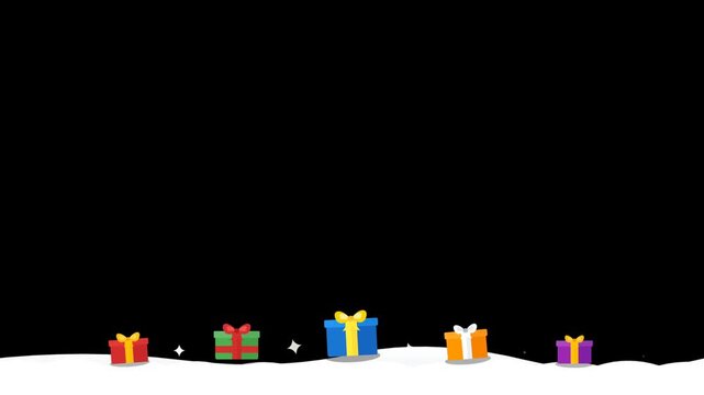 Christmas gift boxes on white snow ground with copy space black background for holiday celebration