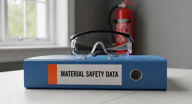Material Safety Data Sheet on Blue Binder with Protective Goggles and Fire Extinguisher for Workplace Safety Concept