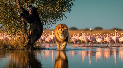 Obraz premium Black bear climbs tree near lake at sunset. Male lion walks through water towards camera. Large flock of pink flamingos stands in shallow lagoon. Wild animals live together in diverse natural habitat