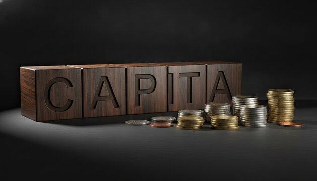 Dark wooden blocks form the word capita next to carefully stacked coins of silver and gold on a surface reflecting professional wealth.