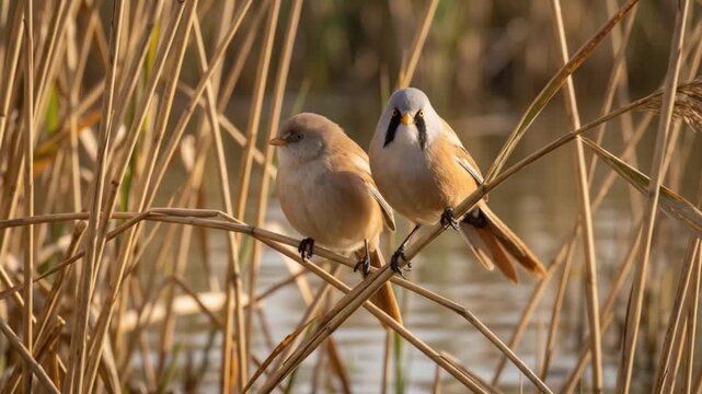 pair of bearded reedlings (panurus biarmicus) perching on reed stalks by water