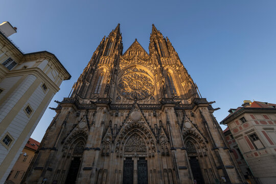 Sunlight illuminates the historic St Vitus Cathedral in Prague