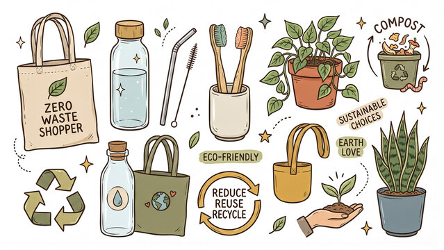 Hand drawn doodle set of zero waste and eco friendly lifestyle elements. Includes reusable bags, bamboo toothbrushes, glass bottles and compost bin.
