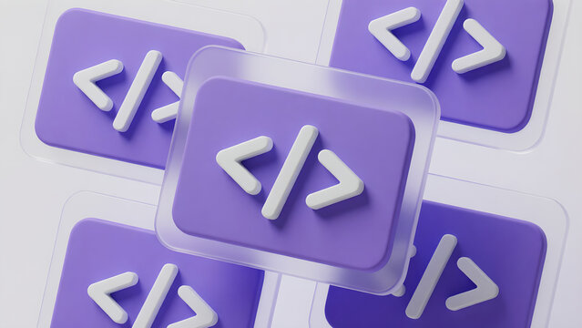 3D render of purple glass programming code symbols representing software development and coding concepts.