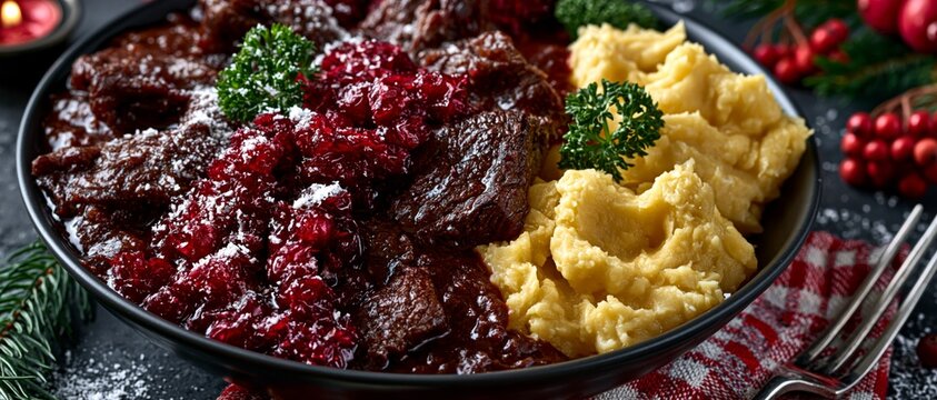 A bowl of dark meat stew with red berry sauce and mashed potatoes garnished with parsley on a dark background.