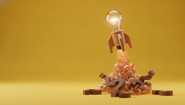 Lightbulb shaped like a wooden rocket launches from a pile of wooden question marks and shavings representing creative problem solving solutions.