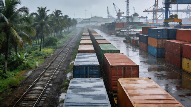 Rainy port scene with container train and stacked cargo containers