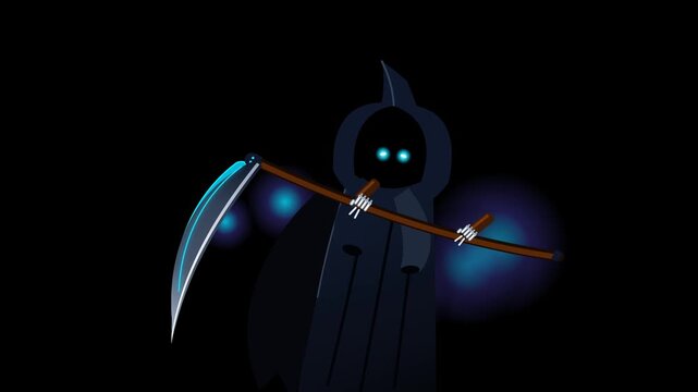 Flat vector style animation of a grim reaper swinging a sharp scythe across the transparent screen
