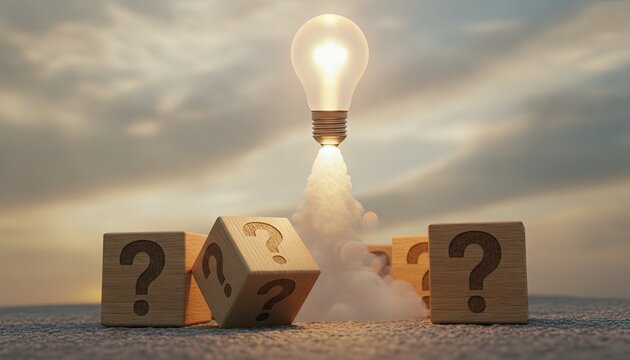 Glowing lightbulb launches like a rocket from wooden blocks marked with question marks during a dramatic sunset sky in this business concept.