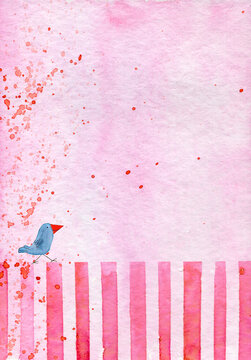 A small blue bird walks on pink watercolor stripes