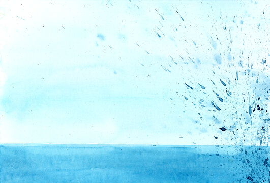 Blue watercolor painting depicts an abstract ocean with water splash
