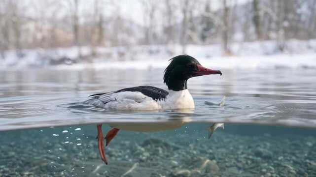 male common merganser (mergus merganser) catching fish underwater and surfacing in river
