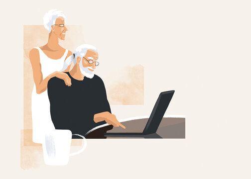 Man and woman use a laptop together for internet communication