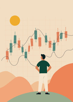 Male investor analyzes financial data on a candlestick chart