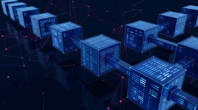 Abstract digital blockchain network of interconnected glowing blue cubes with data streams and connecting lines on a dark background representing distributed ledger technology and data security